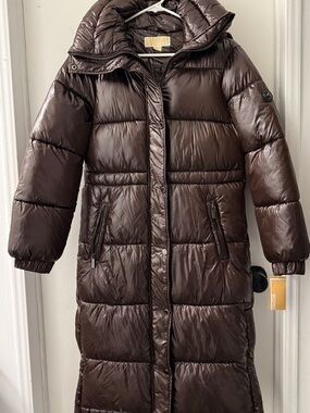 Michael Kors Shiny Quilted Puffer Coat in Dark Brown